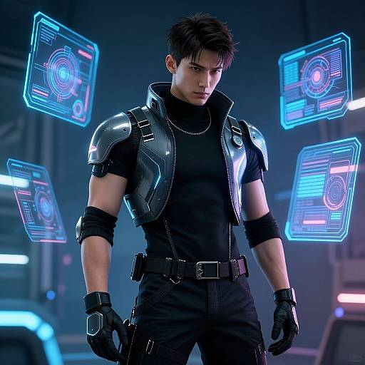 CGI image of a muscular, dark-haired man in black leather armor with glowing holographic screens floating around him in a futuristic, blue-lit environment