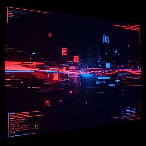 Neon digital art featuring vibrant red and blue light trails, squares, and lines on a black background, with futuristic, tech-inspired design elements.