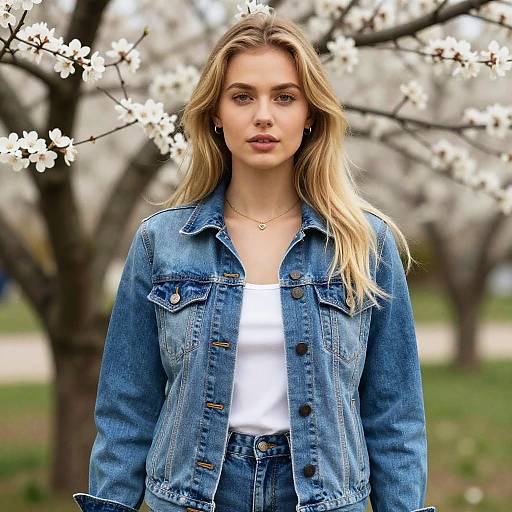 Young Woman in Denim Jacket Among Blossoms
