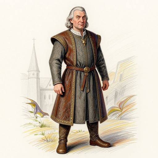 Illustration of an elderly white man with gray hair, wearing a brown and gray medieval-style robe, standing in front of a white church and grassy