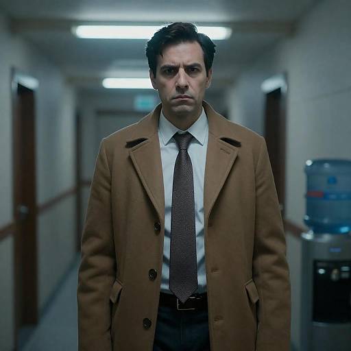 Serious Man in Brown Overcoat in Hallway