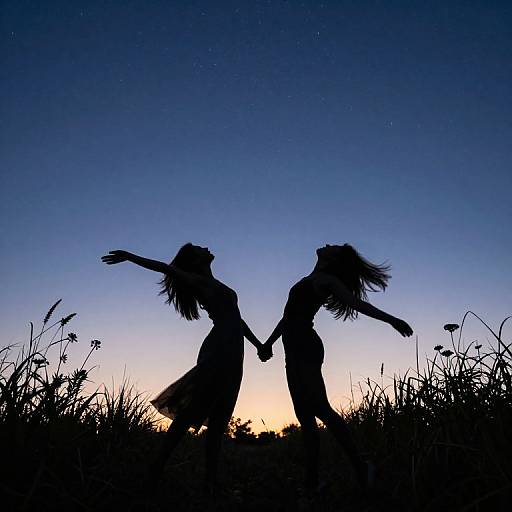 Silhouetted photograph of two women holding hands, arms outstretched, against a twilight sky with stars and grass foreground.