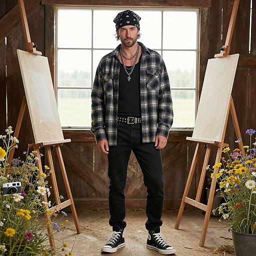 Photograph of a bearded man with dark hair, wearing a plaid jacket, black shirt, and black pants, standing between two empty canvases