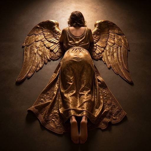 Photograph of a woman with golden, textured wings and dress, lying face down on a dark, illuminated background, bare feet visible.