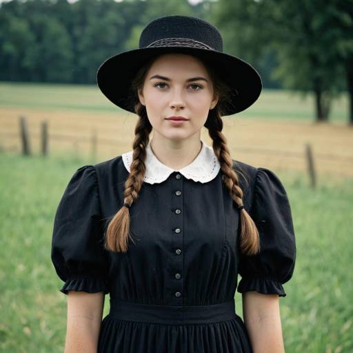 Young Woman in Traditional Black Amish Dress and Hat