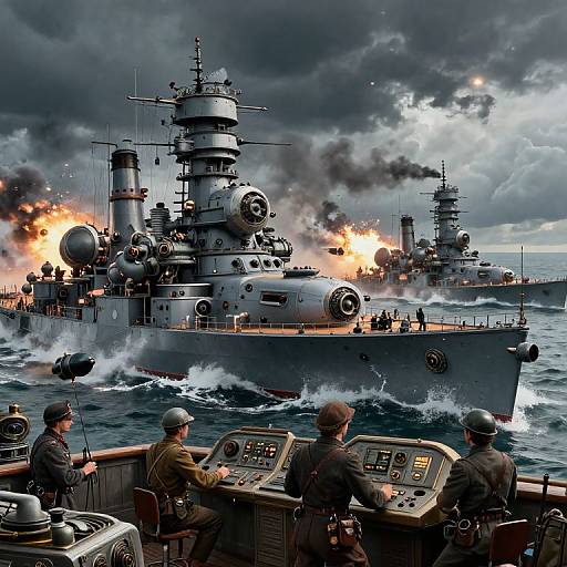 Photorealistic digital artwork of intense naval battle: two warships firing, sailors in helmets operating consoles, dark stormy sky, fiery explosions, chop