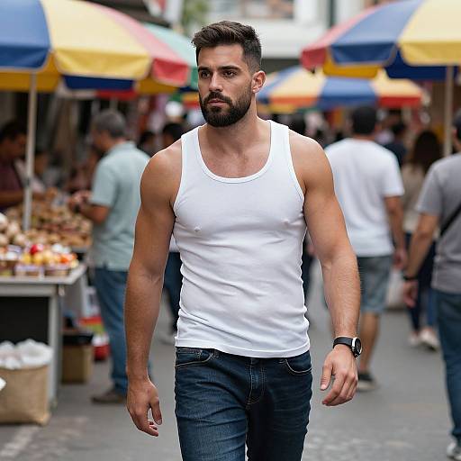 Photograph of a muscular, bearded man in a white tank top and blue jeans walking through a colorful outdoor market with blurred shoppers and vibrant umbrellas