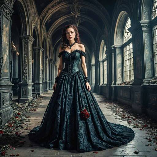 Woman in Gothic Victorian Dress in Abandoned Castle Hall