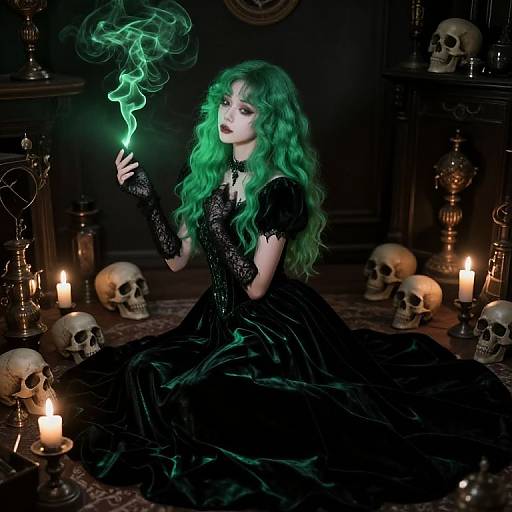 Dark gothic photograph: Green-haired woman in black lace dress, glowing green smoke, skulls and candles surround her, dimly lit room.