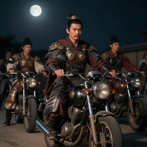 Chinese Generals in Armor Riding Motorcycles at Night
