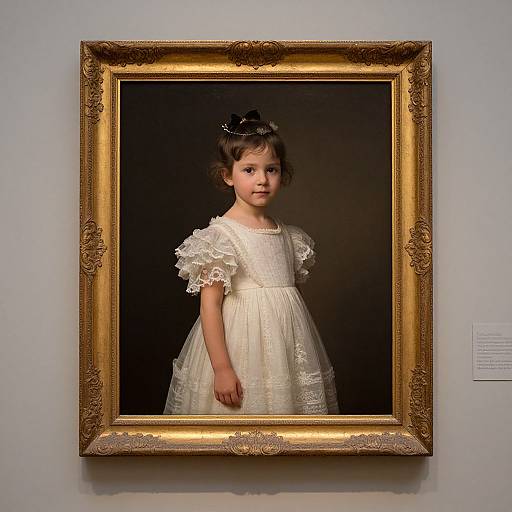 Photograph of a framed portrait of a young girl in a white lace dress, standing against a dark background, in an ornate gold frame.