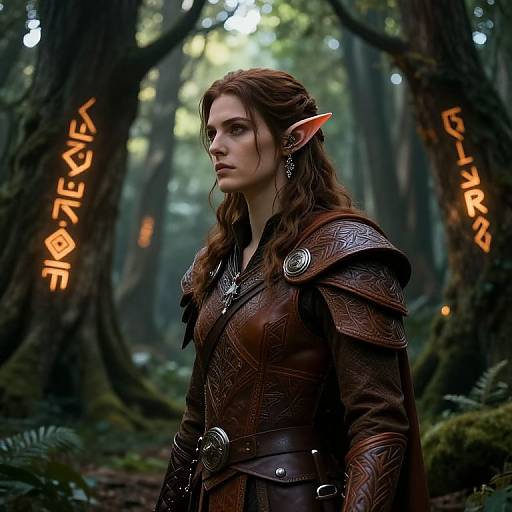 Digital artwork of a serious, elf woman with pointed ears, wearing detailed brown leather armor, in a mystical forest with glowing runes on trees.