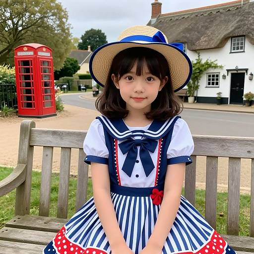 Photograph of a young Asian girl in a blue and white sailor dress with red polka dot accents, straw hat, sitting on a wooden bench,