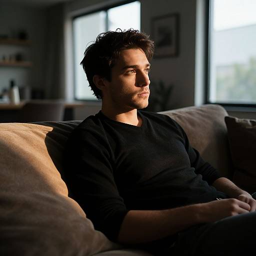 Photograph of a young man with curly dark hair, wearing a black long-sleeve shirt, sitting on a beige couch in a dimly lit