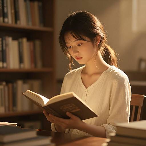 Photograph of an Asian woman with long black hair, wearing a cream-colored blouse, reading a book in a warmly lit library.