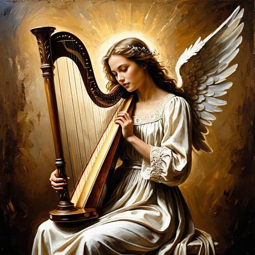 Elegant Angel Playing Harp in Oil Painting Elegant Angel Playing Harp in Oil Painting