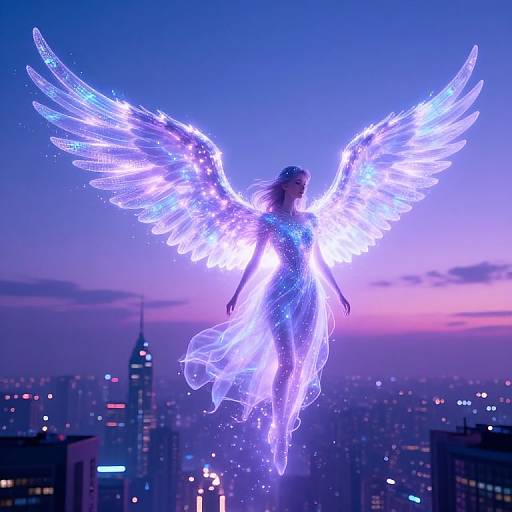 Digital art of a glowing, ethereal angel with luminous wings, floating above a cityscape at twilight, surrounded by purple and pink hues.