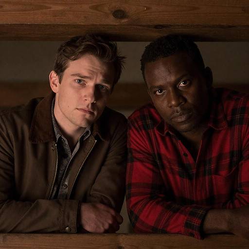 Two Men Behind a Wooden Beam