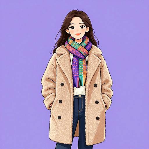 Woman in Oversized Teddy Coat and Colorful Scarf