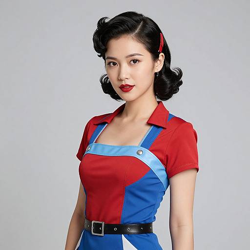 Digital illustration of an East Asian woman with fair skin, black wavy hair, red lipstick, wearing a red and blue 1940s-style dress