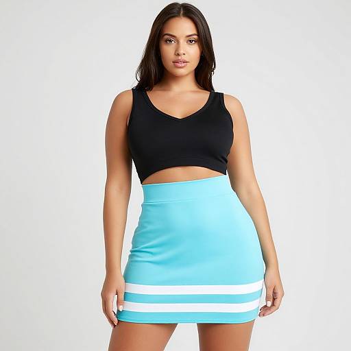 Photograph of a young woman with long dark hair, wearing a black crop top and a light blue mini skirt with white stripes. White background.