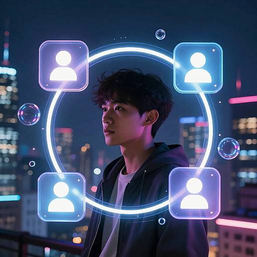 Photograph of a young Asian man with tousled black hair, wearing a black hoodie, illuminated by neon blue holographic icons against a nighttime city skyline