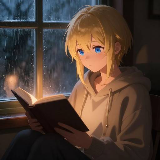 Anime-style digital illustration of a blonde, blue-eyed girl in a hooded sweatshirt, reading a book by a rain-streaked window.