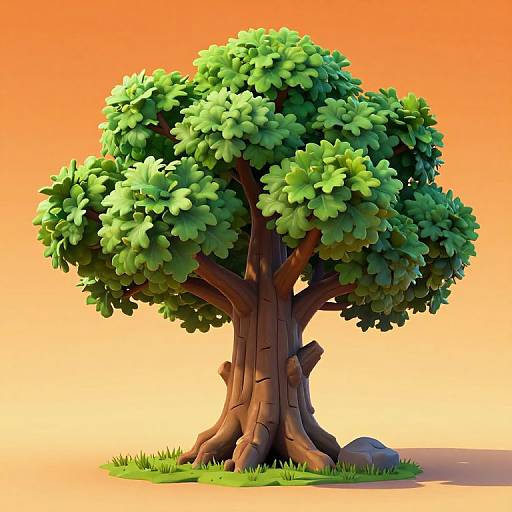 3D digital rendering of a vibrant green-leaved tree with a thick, textured brown trunk, set against an orange gradient background, with a small grass