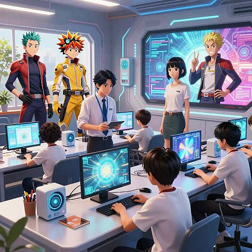Digital anime-style illustration of a high-tech office with six people, including three male scientists, two female assistants, and two superhero-like characters, working on