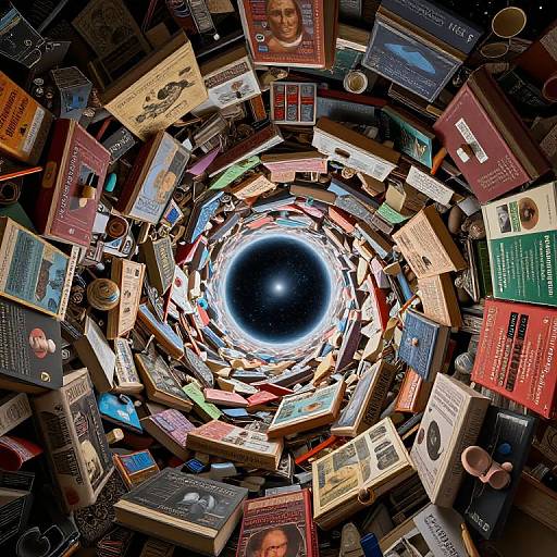 Photograph-like digital art: Cosmic black hole at center, surrounded by scattered colorful books, magazines, and CDs, creating a whirlpool effect.