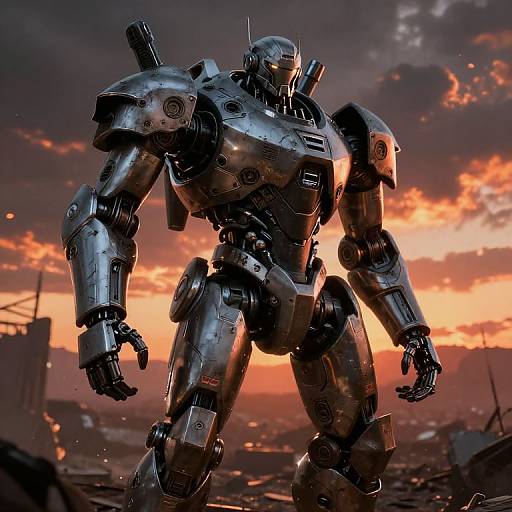 Photorealistic CGI of a towering, silver metallic robot with intricate joints and weapons, standing in a ruined cityscape at sunset with dramatic orange and purple