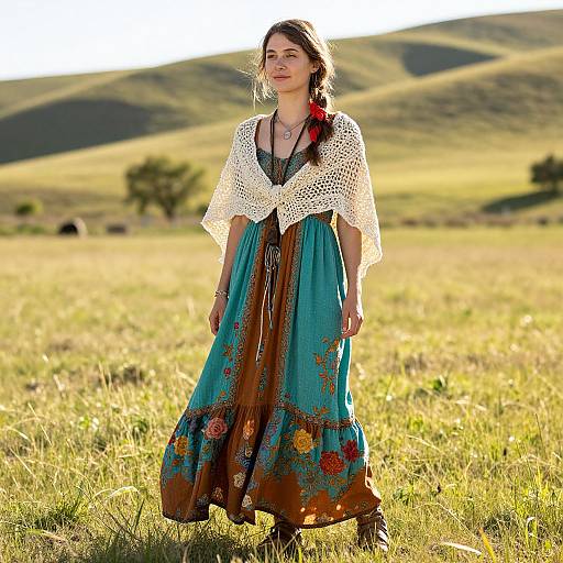 Photograph of a smiling woman with long brown hair in a braid, wearing a white lace shawl and blue floral dress, standing in a sun