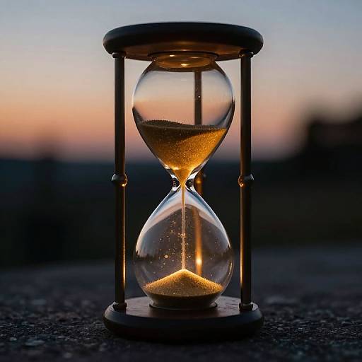 Photograph of a glowing hourglass at sunset, with golden sand flowing from top to bottom, set against a blurred, colorful sky.