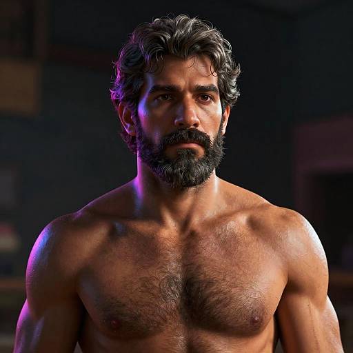 Photograph of a muscular, shirtless man with dark, wavy hair, thick black beard, and chest hair, illuminated by purple and blue lighting