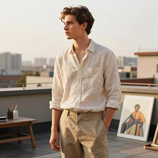 Young Man in Linen Shirt on Rooftop Art Studio