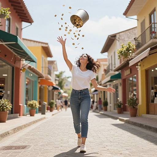 Photograph of a joyful woman with curly hair in a white t-shirt and blue jeans, joyfully tossing coins from a cup down a sunlit,