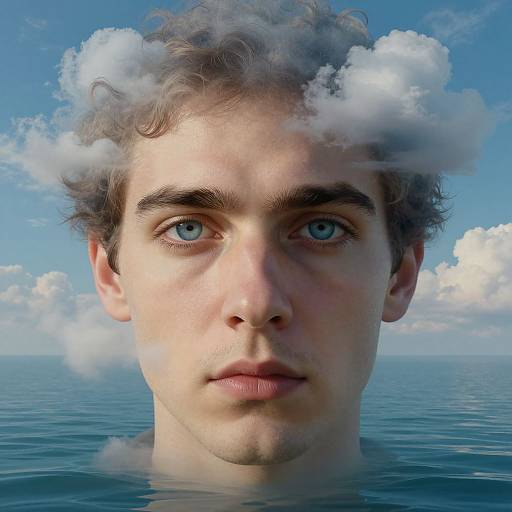 Photograph of a young man with blue eyes, curly brown hair, and a serious expression, partially submerged in water with clouds floating above his head against