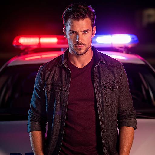 Photograph of a serious, handsome man with short dark hair and beard, wearing a black shirt and denim jacket, standing in front of a police car