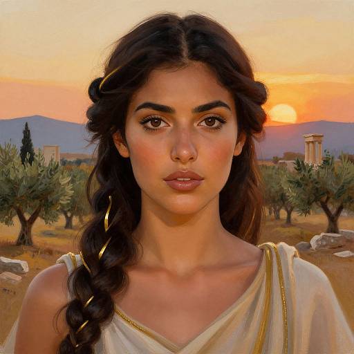 Digital artwork of a young woman with olive skin, dark braided hair, and brown eyes, wearing a white toga, against a sunset-lit