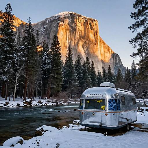 Photograph of a snowy campsite with a vintage trailer beside a river, towering El Capitan cliff illuminated by sunset, surrounded by evergreen trees.