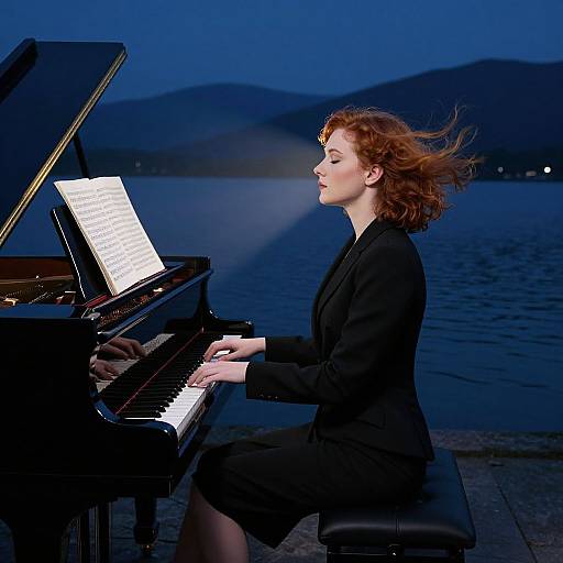 Elegant Piano Player at Midnight Lake