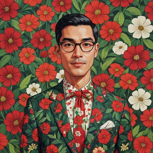 Young Man in Floral Suit with Red Bow Tie