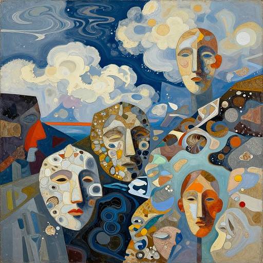 Abstract painting: Five stylized, multi-colored faces with cloud-like hair blend into a swirling blue and white sky with geometric patterns.