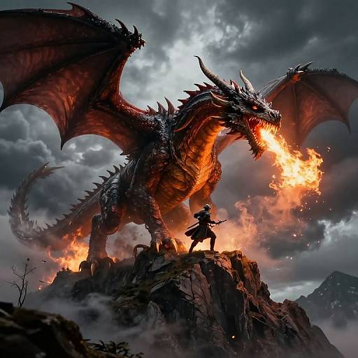 Digital fantasy artwork of a fierce black dragon with glowing orange breath, standing on a rocky peak, with a knight in armor facing it amidst a fiery,
