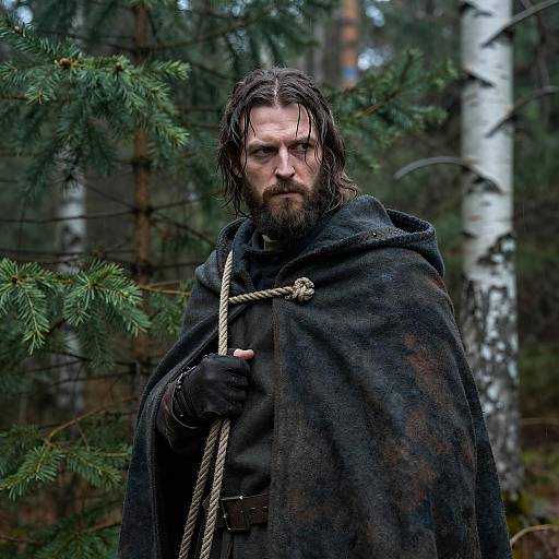 Serious Man in Cloak in Rainy Forest