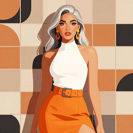 Digital illustration of a confident woman with white hair, wearing a white halter top and orange high-waisted skirt, with orange earrings, against a