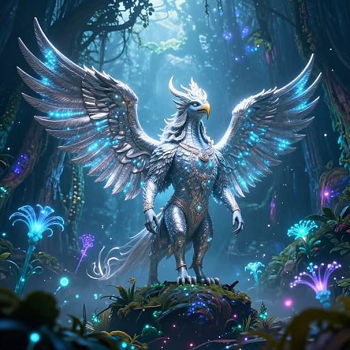 Mythical Garuda in Bioluminescent Forest