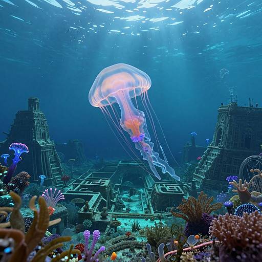 Photograph of a vibrant underwater scene featuring a glowing jellyfish above ancient, crumbling temple structures surrounded by colorful coral reefs.