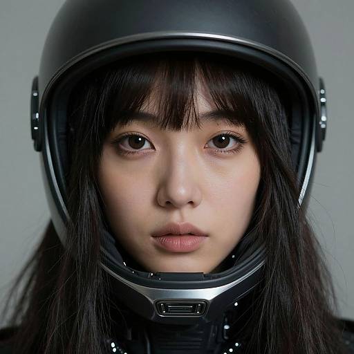Photograph of an Asian woman with straight black hair, wearing a black motorcycle helmet, centered against a grey background, with a serious expression and soft lighting
