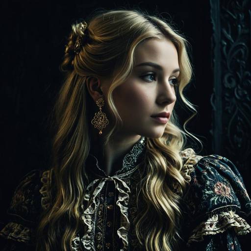 Moody Portrait of Young Woman in Ornate Vintage Dress